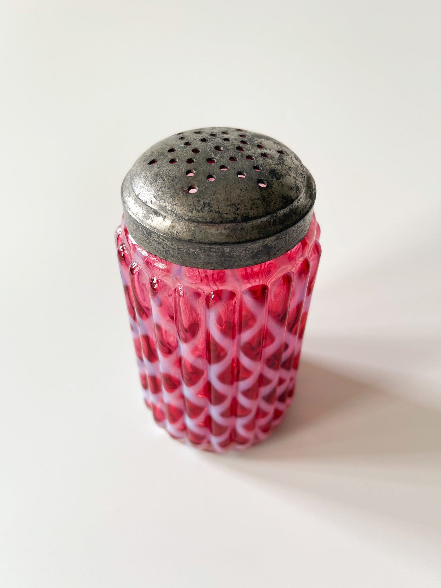Antique Opal Lattice Cranberry Glass Sugar Shaker