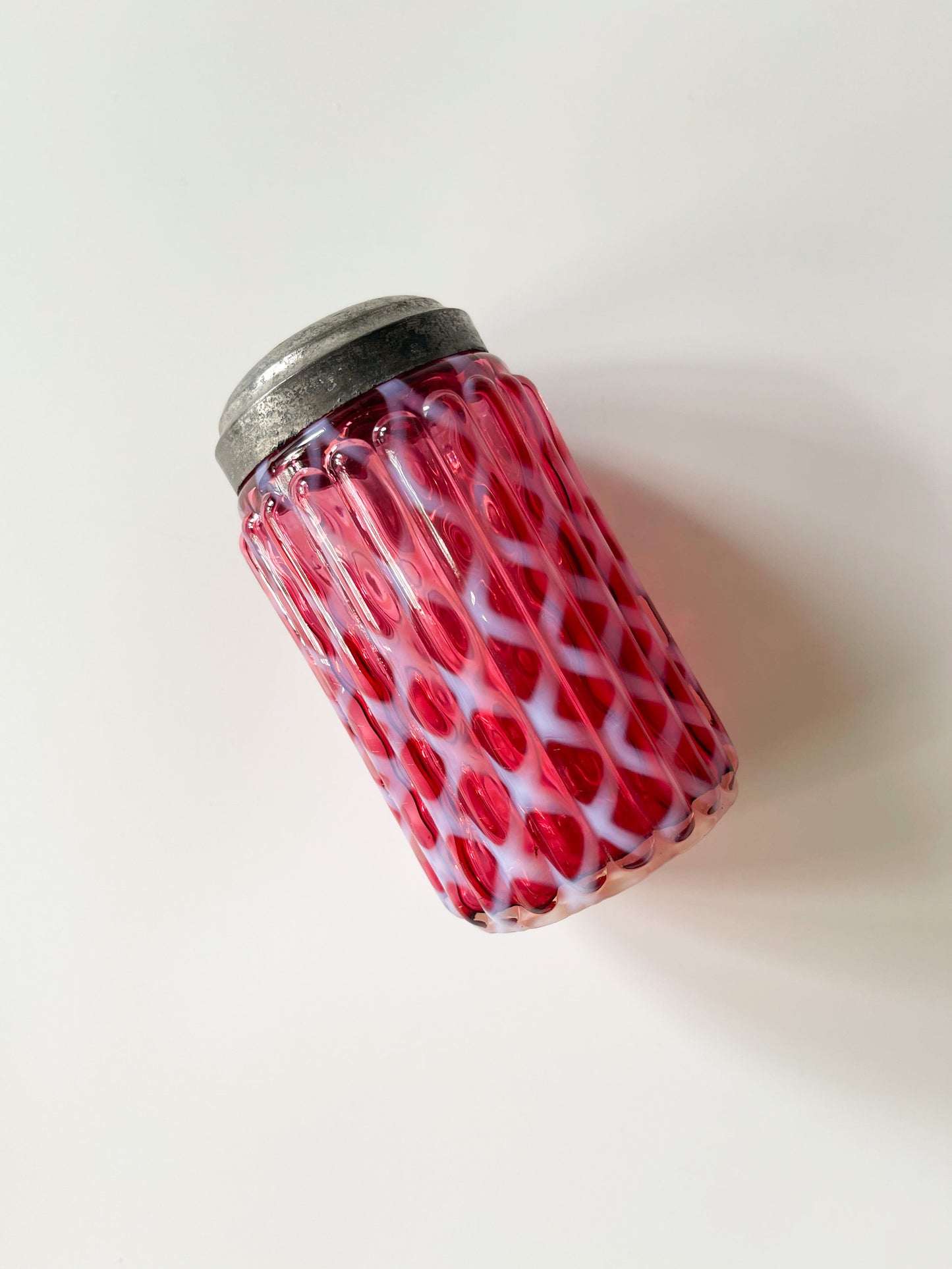 Antique Opal Lattice Cranberry Glass Sugar Shaker