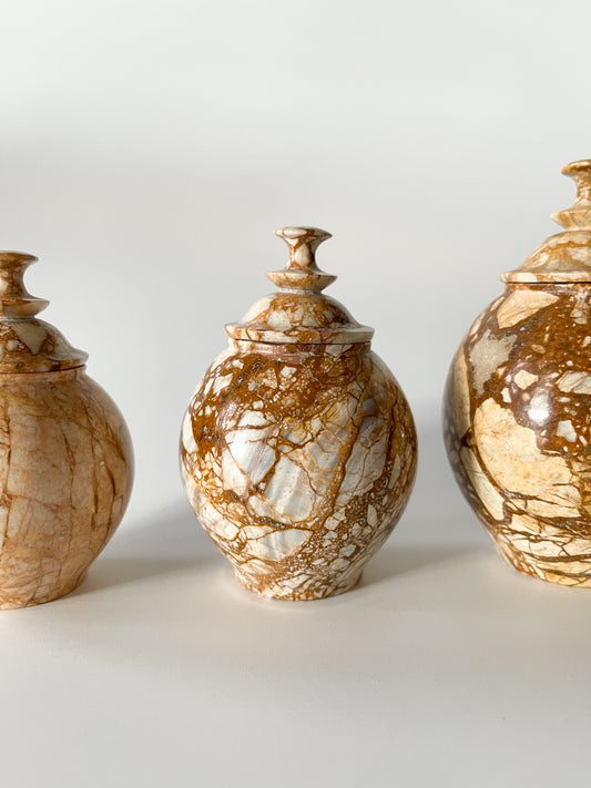 Vintage Breccia Stone Vanity Jar Set