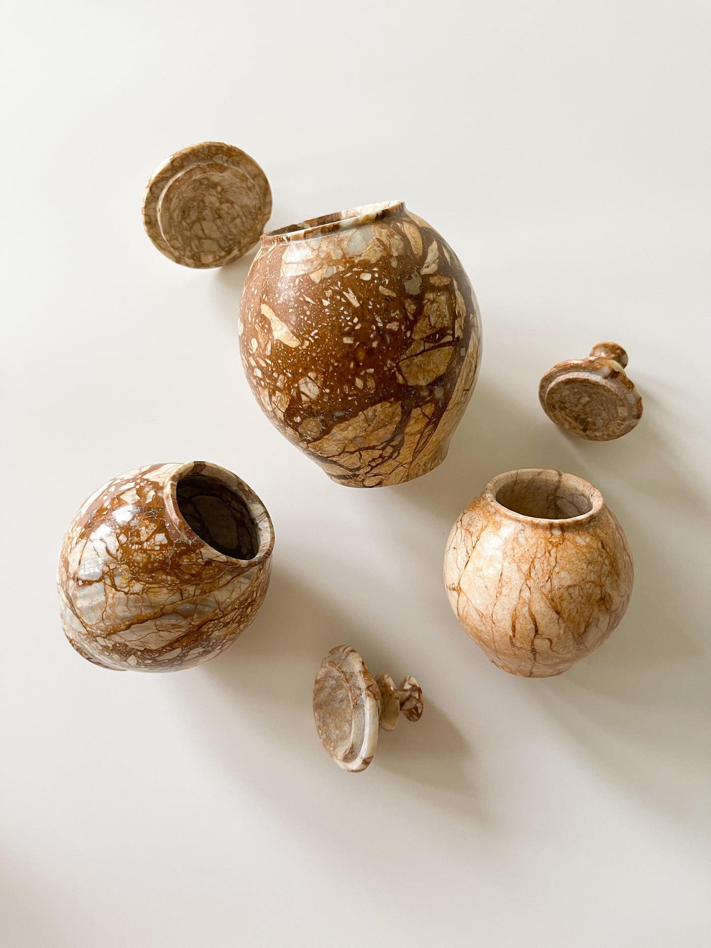 Vintage Breccia Stone Vanity Jar Set