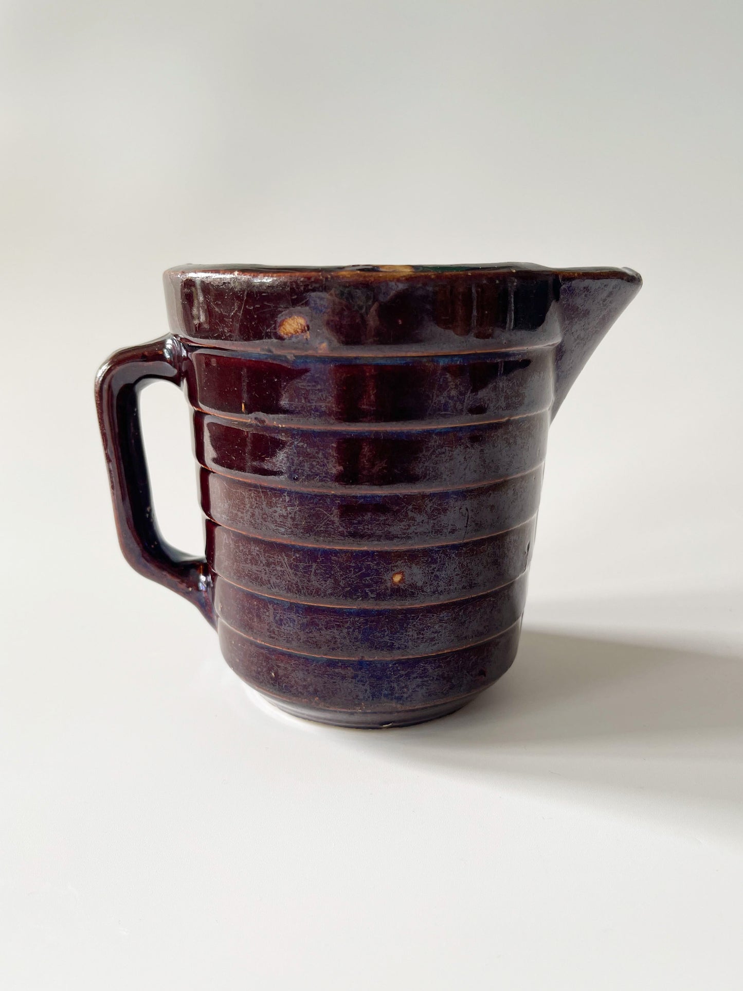 Vintage Monmouth Pottery Dark Brown Glaze Horizontal Ribbed Pitcher