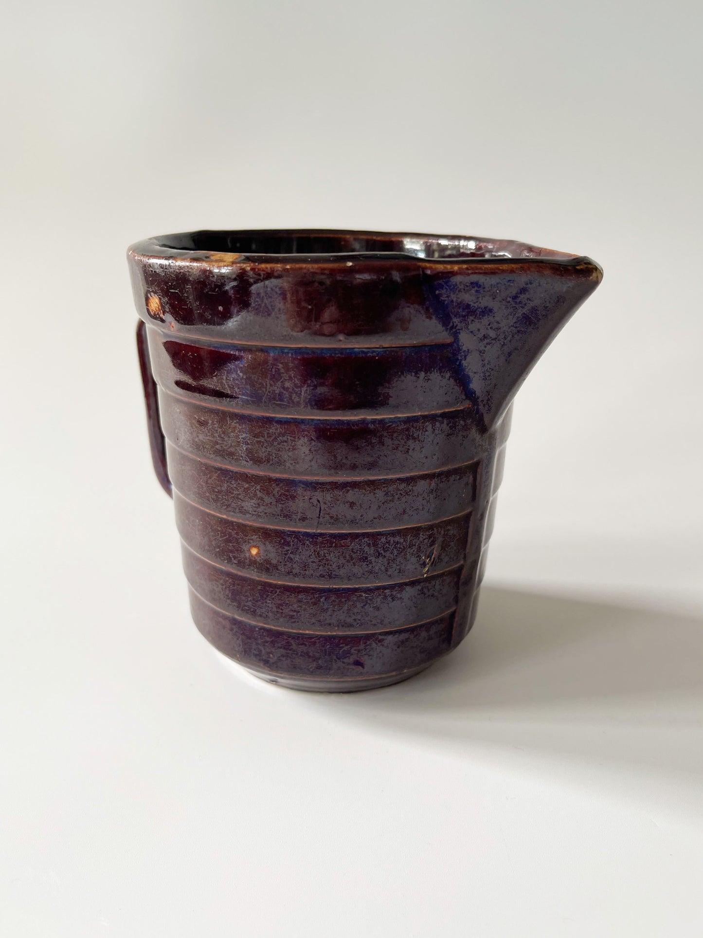 Vintage Monmouth Pottery Dark Brown Glaze Horizontal Ribbed Pitcher