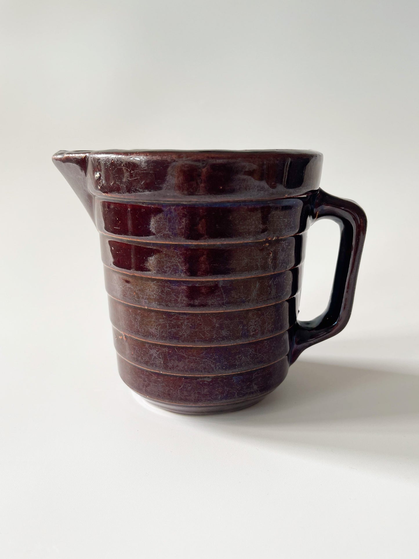 Vintage Monmouth Pottery Dark Brown Glaze Horizontal Ribbed Pitcher