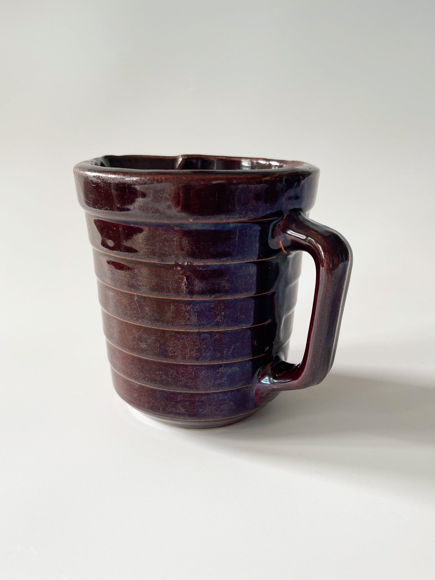 Vintage Monmouth Pottery Dark Brown Glaze Horizontal Ribbed Pitcher