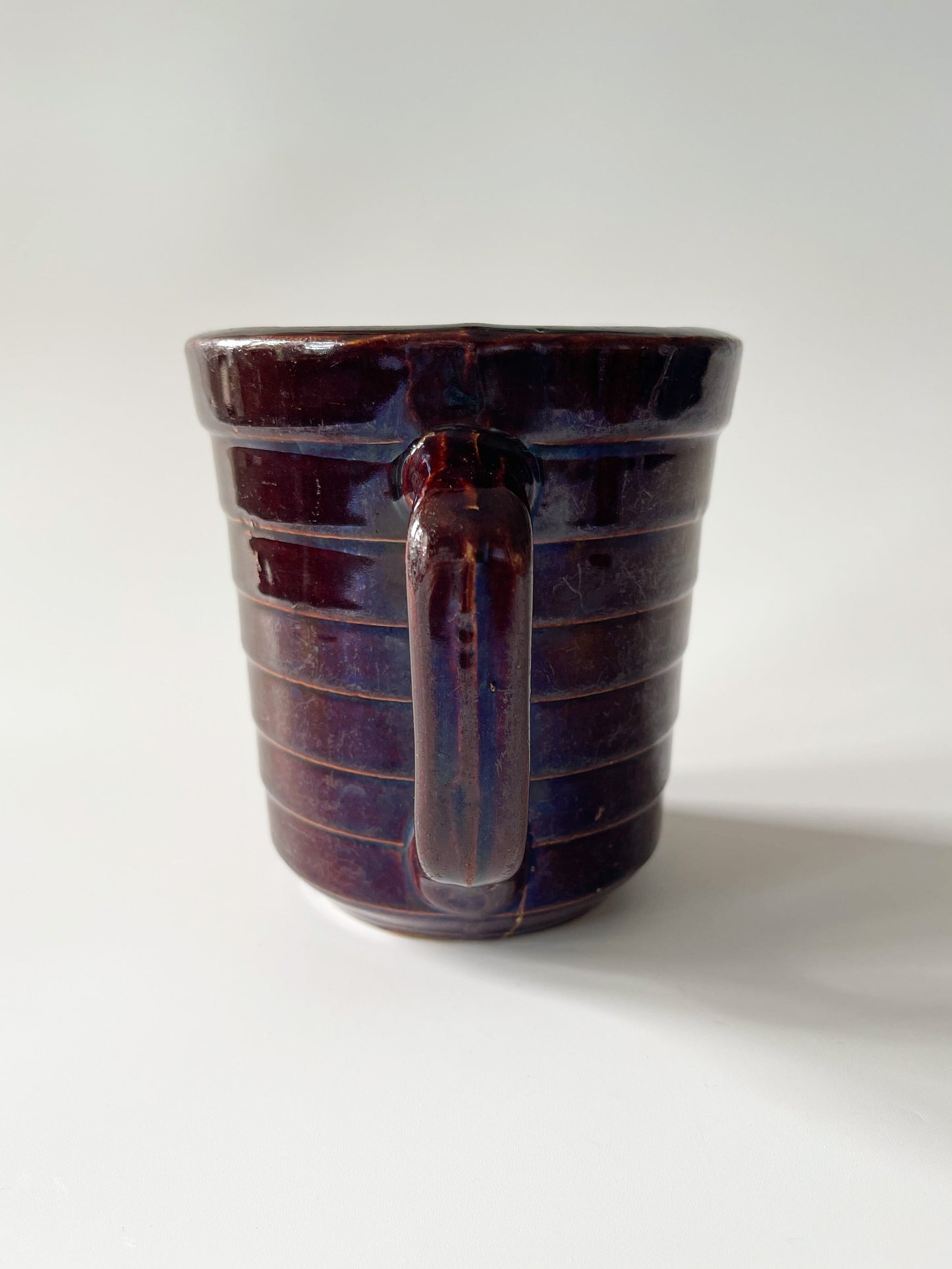 Vintage Monmouth Pottery Dark Brown Glaze Horizontal Ribbed Pitcher
