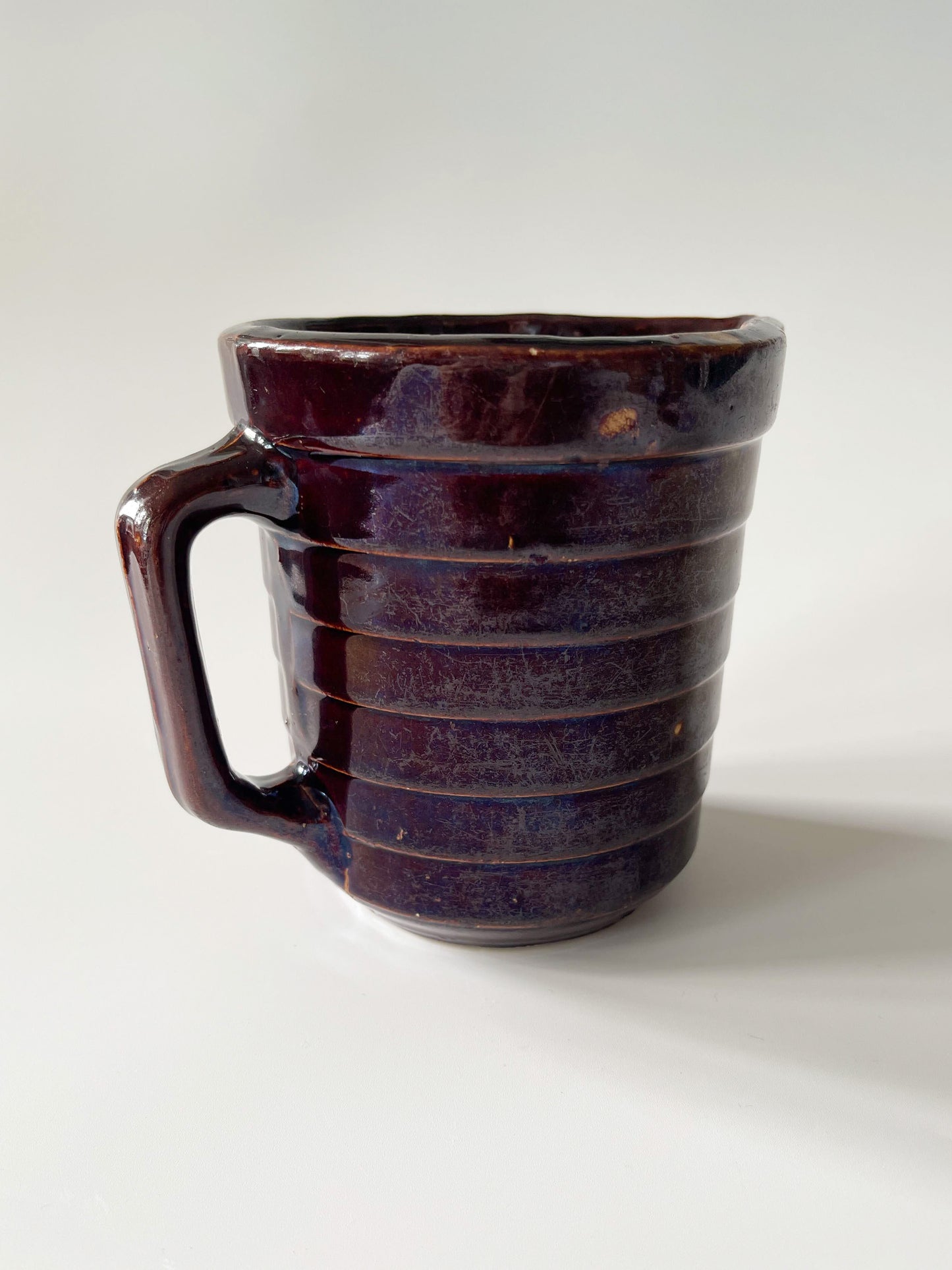 Vintage Monmouth Pottery Dark Brown Glaze Horizontal Ribbed Pitcher