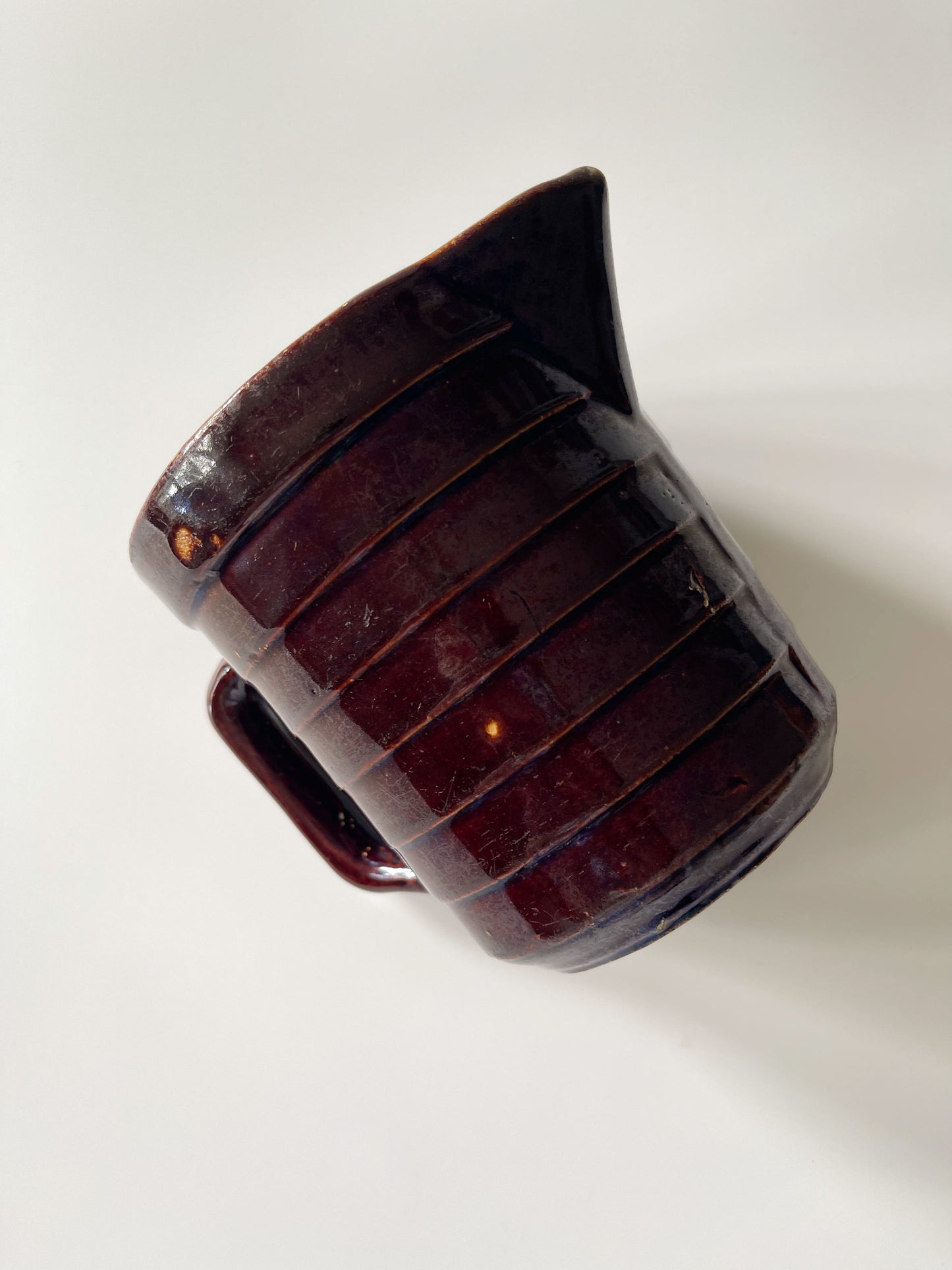 Vintage Monmouth Pottery Dark Brown Glaze Horizontal Ribbed Pitcher