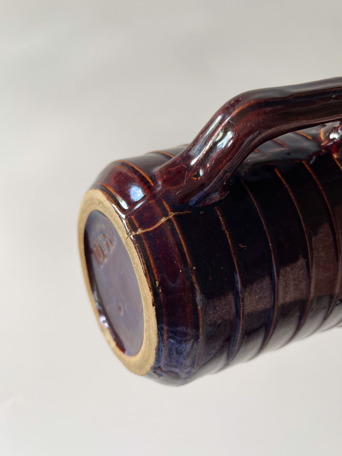 Vintage Monmouth Pottery Dark Brown Glaze Horizontal Ribbed Pitcher