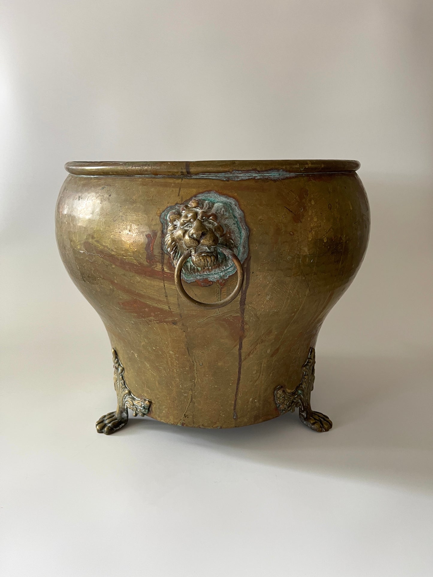 Antique Brass Lions Head Jardiniere