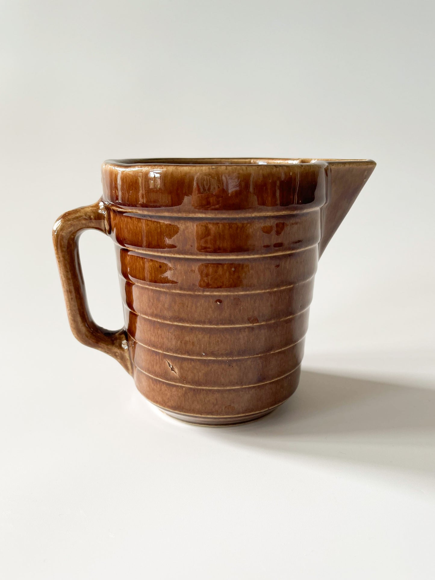 Vintage Monmouth Pottery Warm Brown Glaze Horizontal Ribbed Pitcher