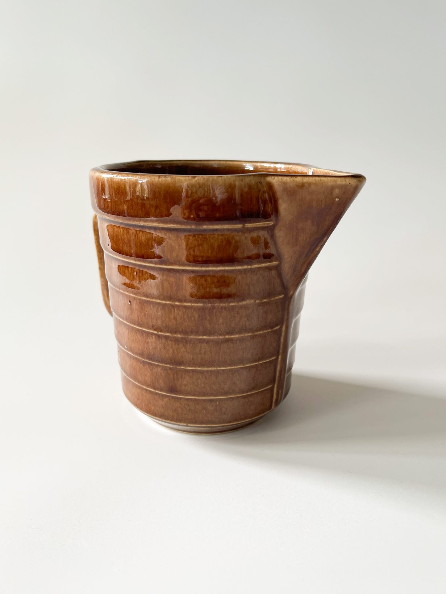 Vintage Monmouth Pottery Warm Brown Glaze Horizontal Ribbed Pitcher