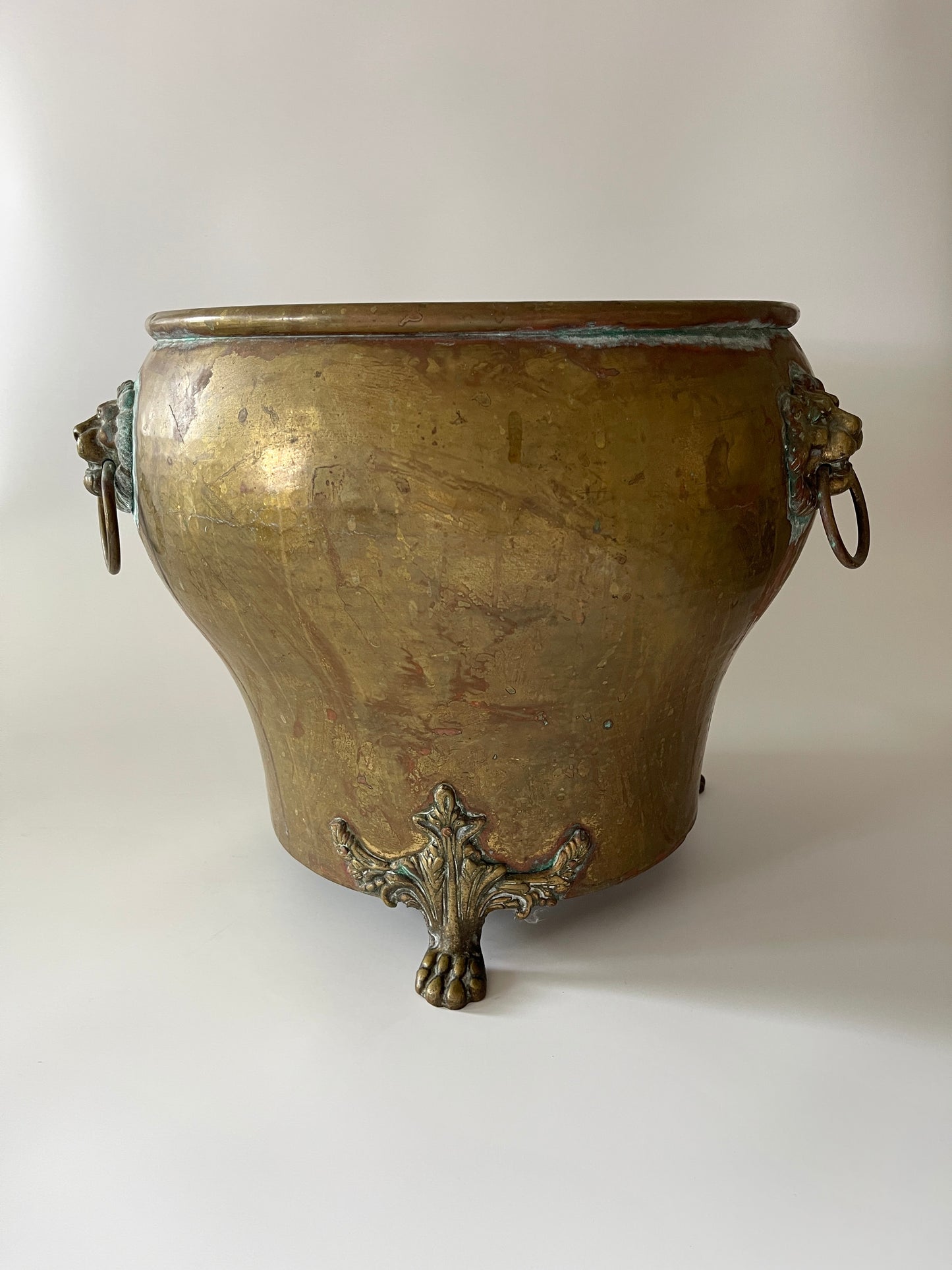 Antique Brass Lions Head Jardiniere