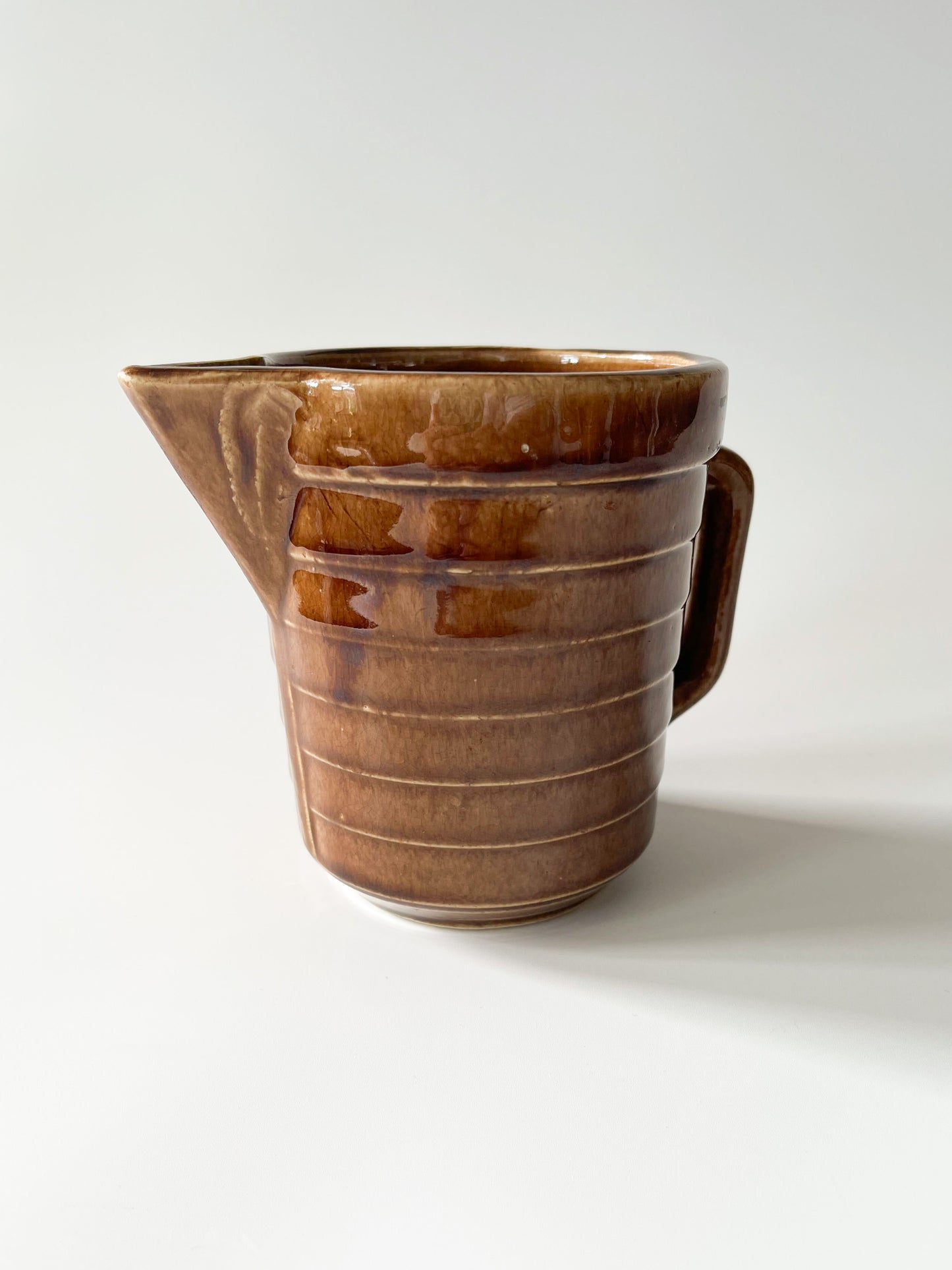 Vintage Monmouth Pottery Warm Brown Glaze Horizontal Ribbed Pitcher