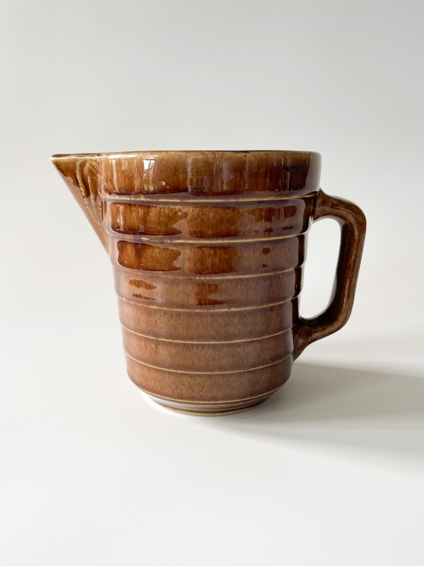 Vintage Monmouth Pottery Warm Brown Glaze Horizontal Ribbed Pitcher