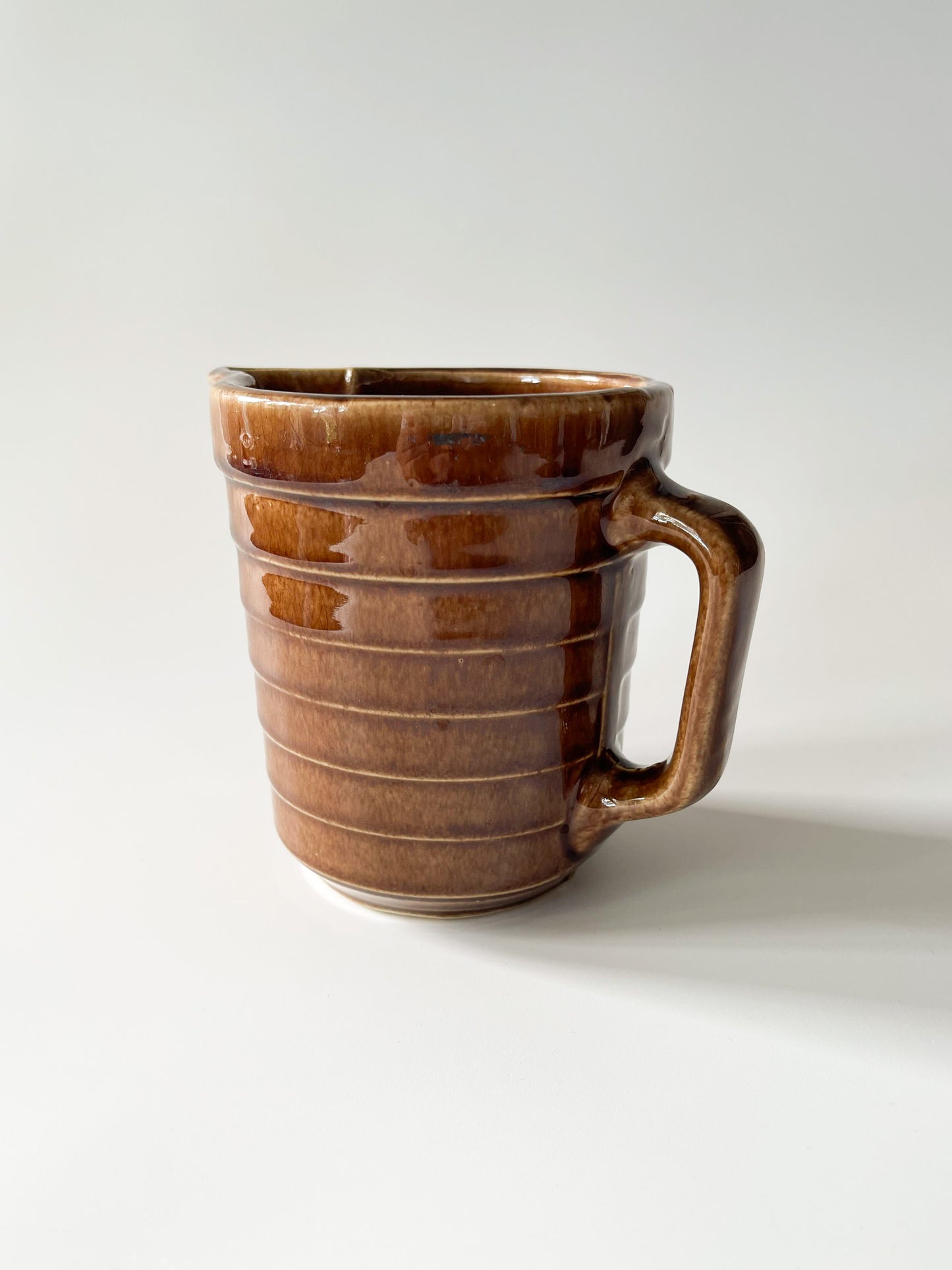 Vintage Monmouth Pottery Warm Brown Glaze Horizontal Ribbed Pitcher