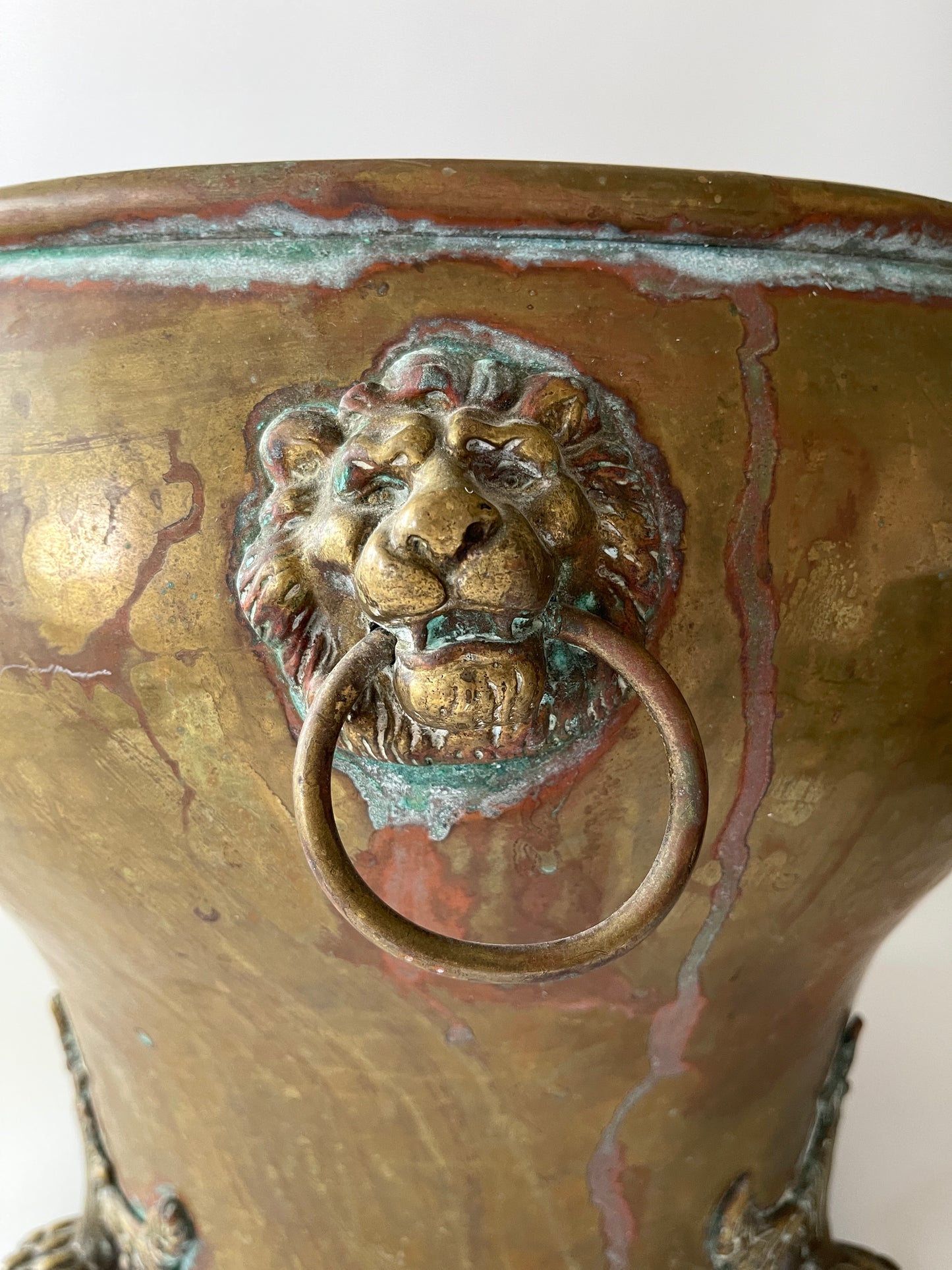 Antique Brass Lions Head Jardiniere