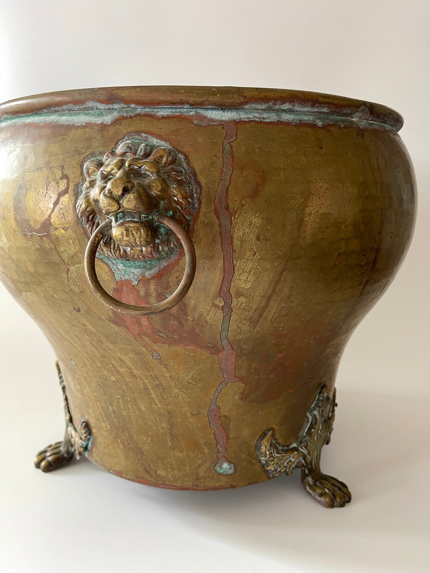 Antique Brass Lions Head Jardiniere