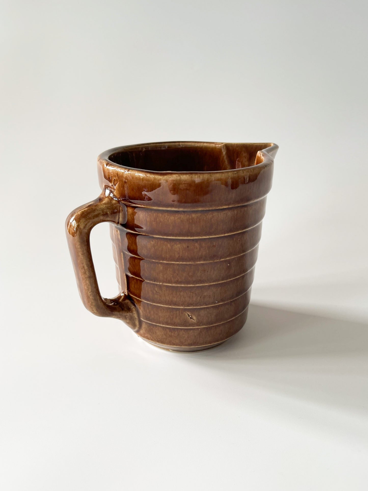 Vintage Monmouth Pottery Warm Brown Glaze Horizontal Ribbed Pitcher