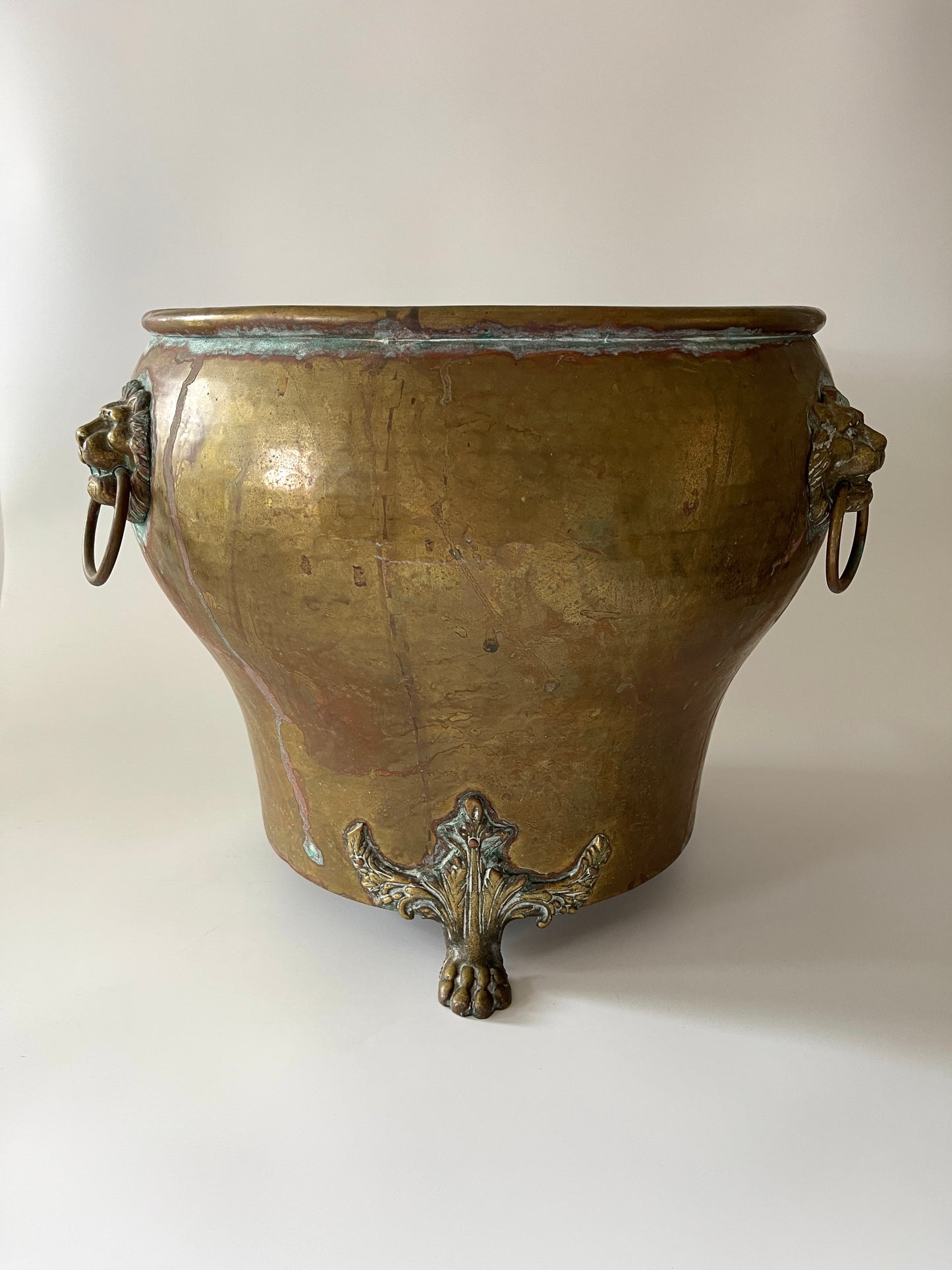 Antique Brass Lions Head Jardiniere