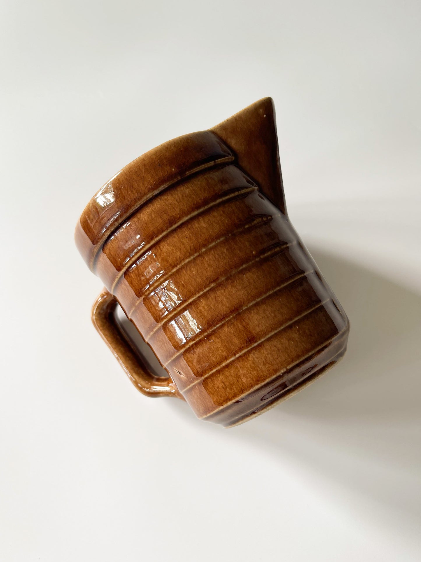 Vintage Monmouth Pottery Warm Brown Glaze Horizontal Ribbed Pitcher