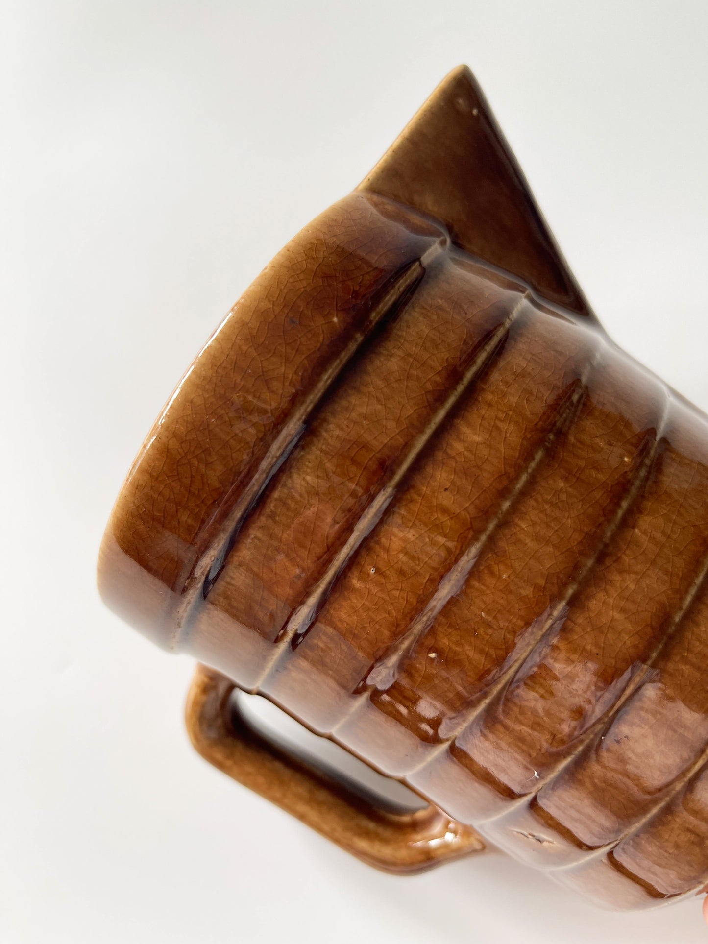 Vintage Monmouth Pottery Warm Brown Glaze Horizontal Ribbed Pitcher
