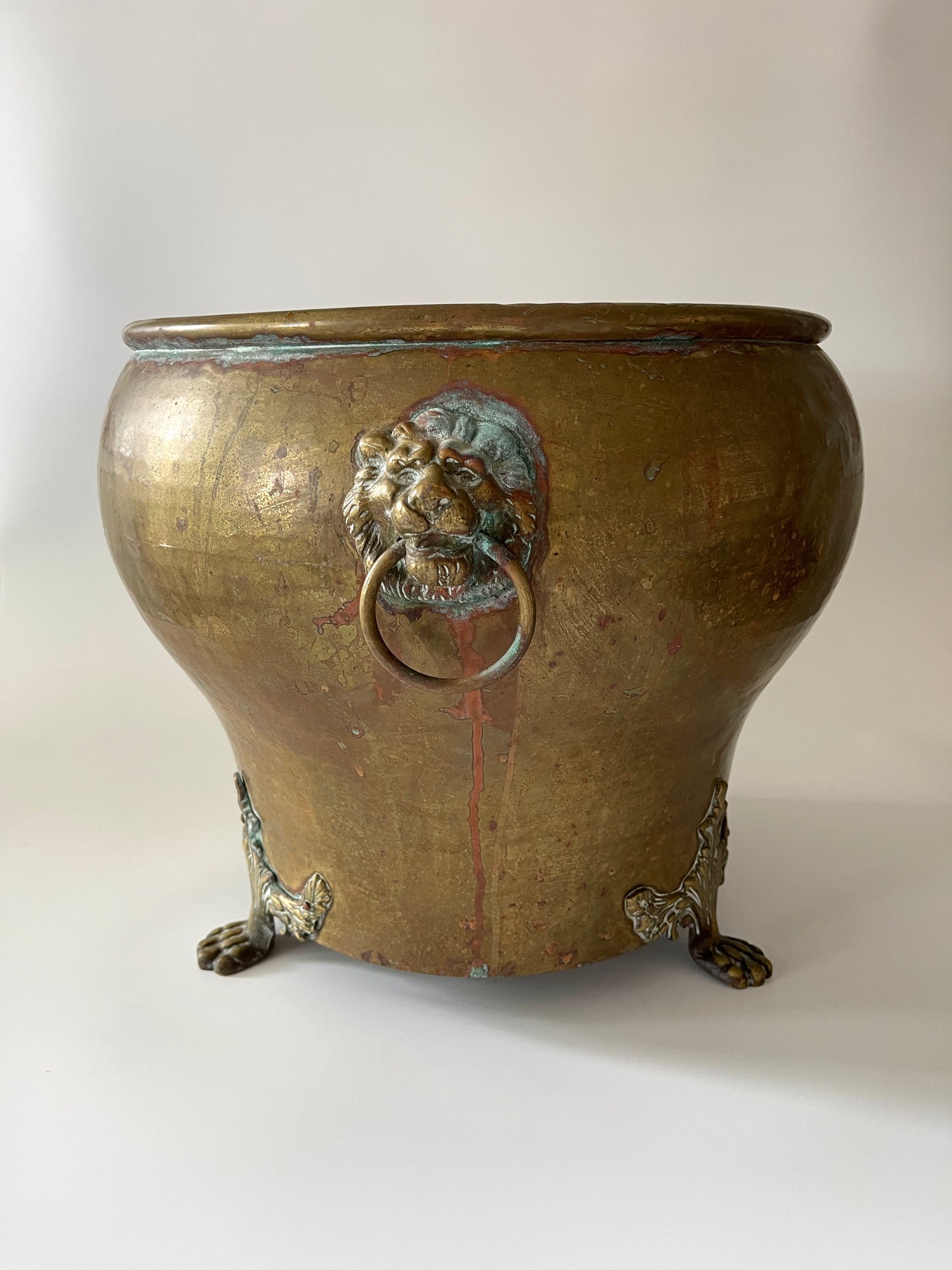 Antique Brass Lions Head Jardiniere