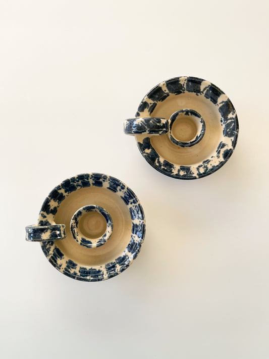 Pair of Vintage Chapelle Pottery Spongeware Chambersticks