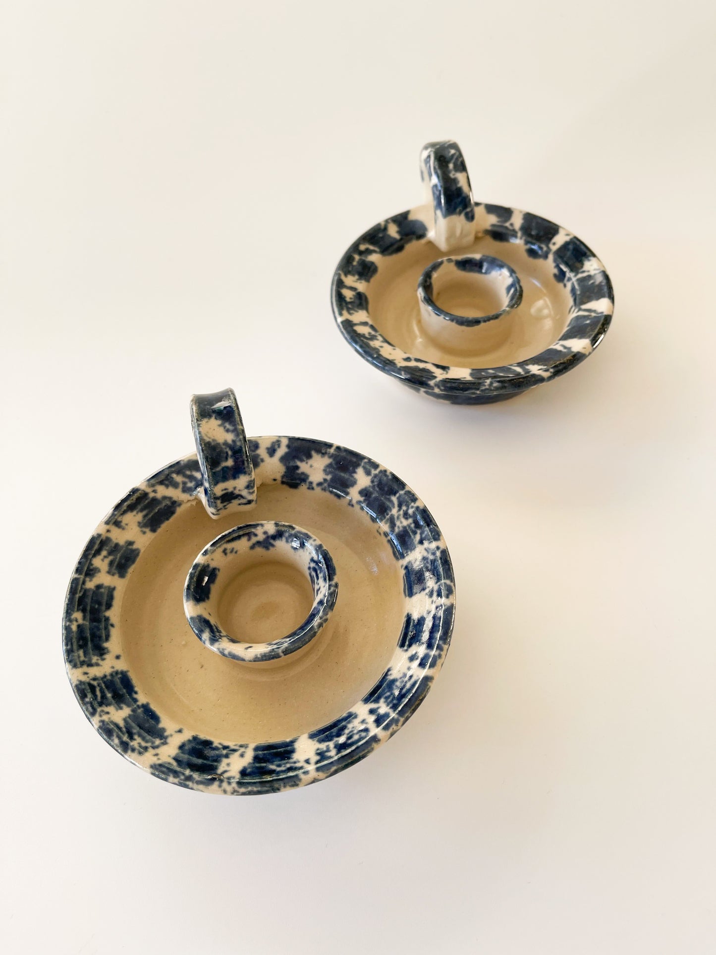 Pair of Vintage Chapelle Pottery Spongeware Chambersticks