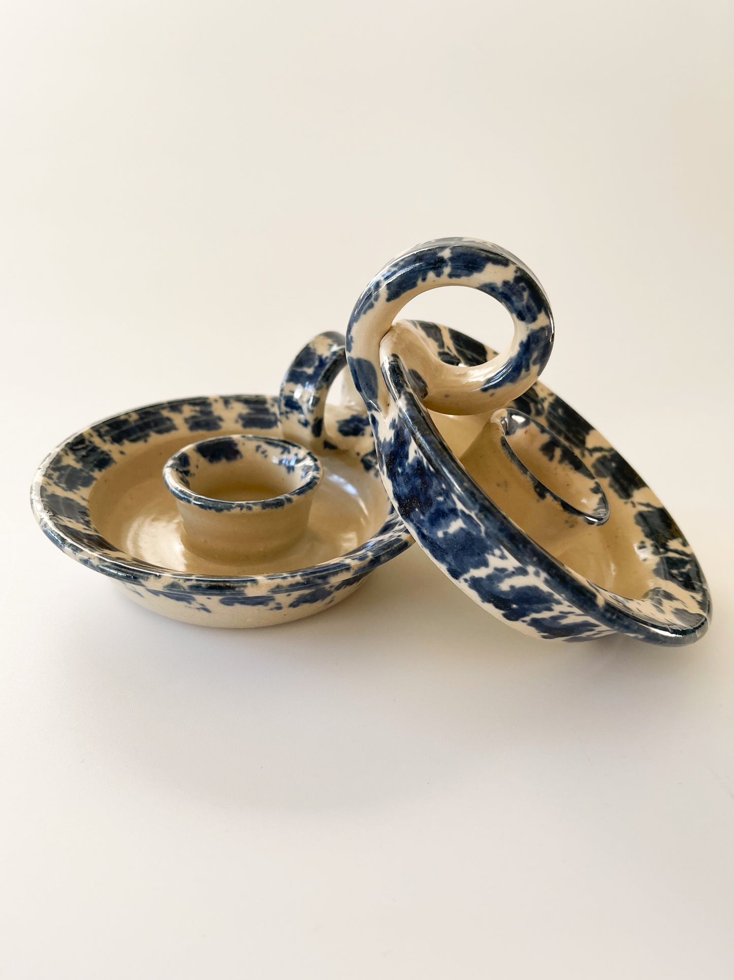 Pair of Vintage Chapelle Pottery Spongeware Chambersticks