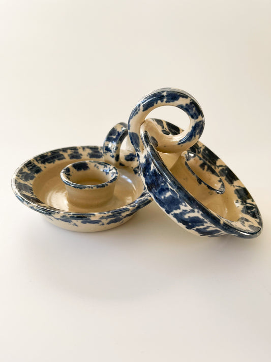 Pair of Vintage Chapelle Pottery Spongeware Chambersticks