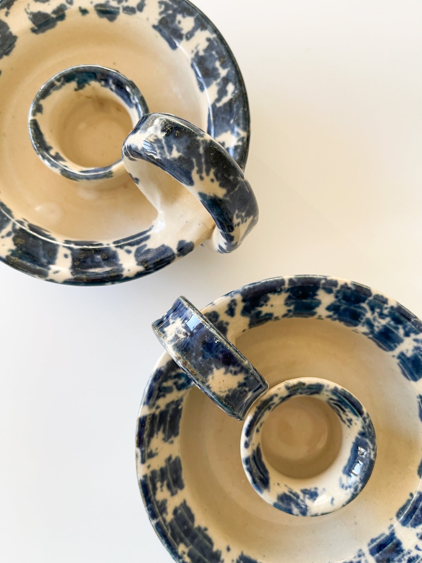 Pair of Vintage Chapelle Pottery Spongeware Chambersticks