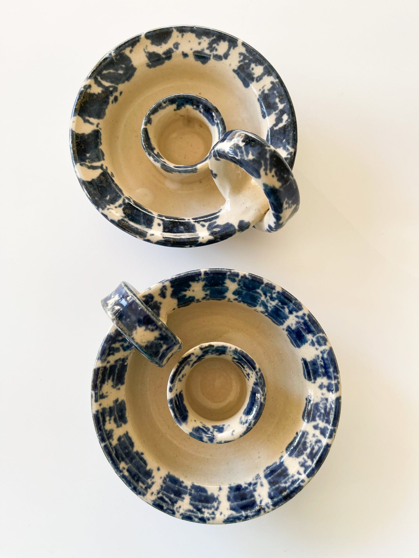 Pair of Vintage Chapelle Pottery Spongeware Chambersticks