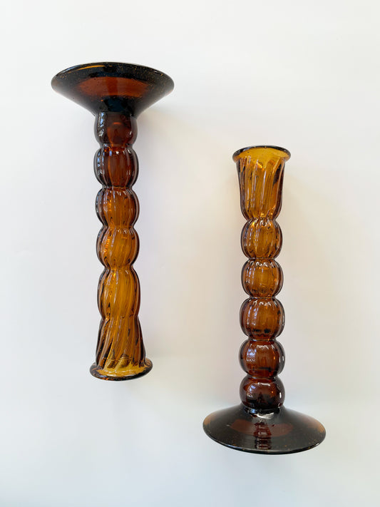 Vintage Hand-Blown Amber Glass Bobbin Candlesticks