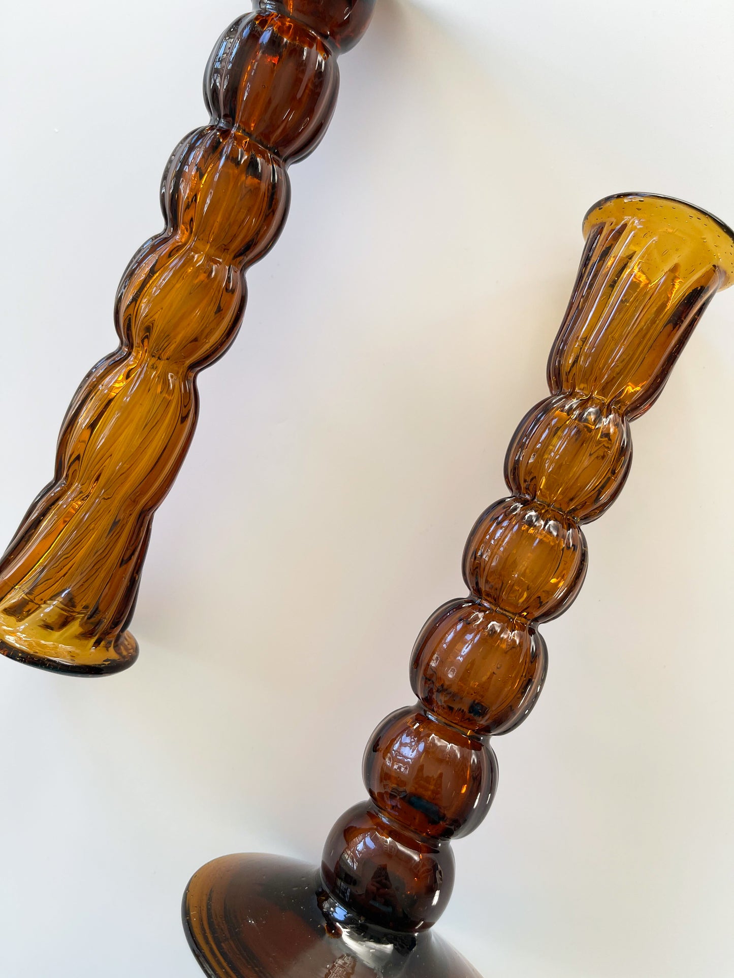 Vintage Hand-Blown Amber Glass Bobbin Candlesticks
