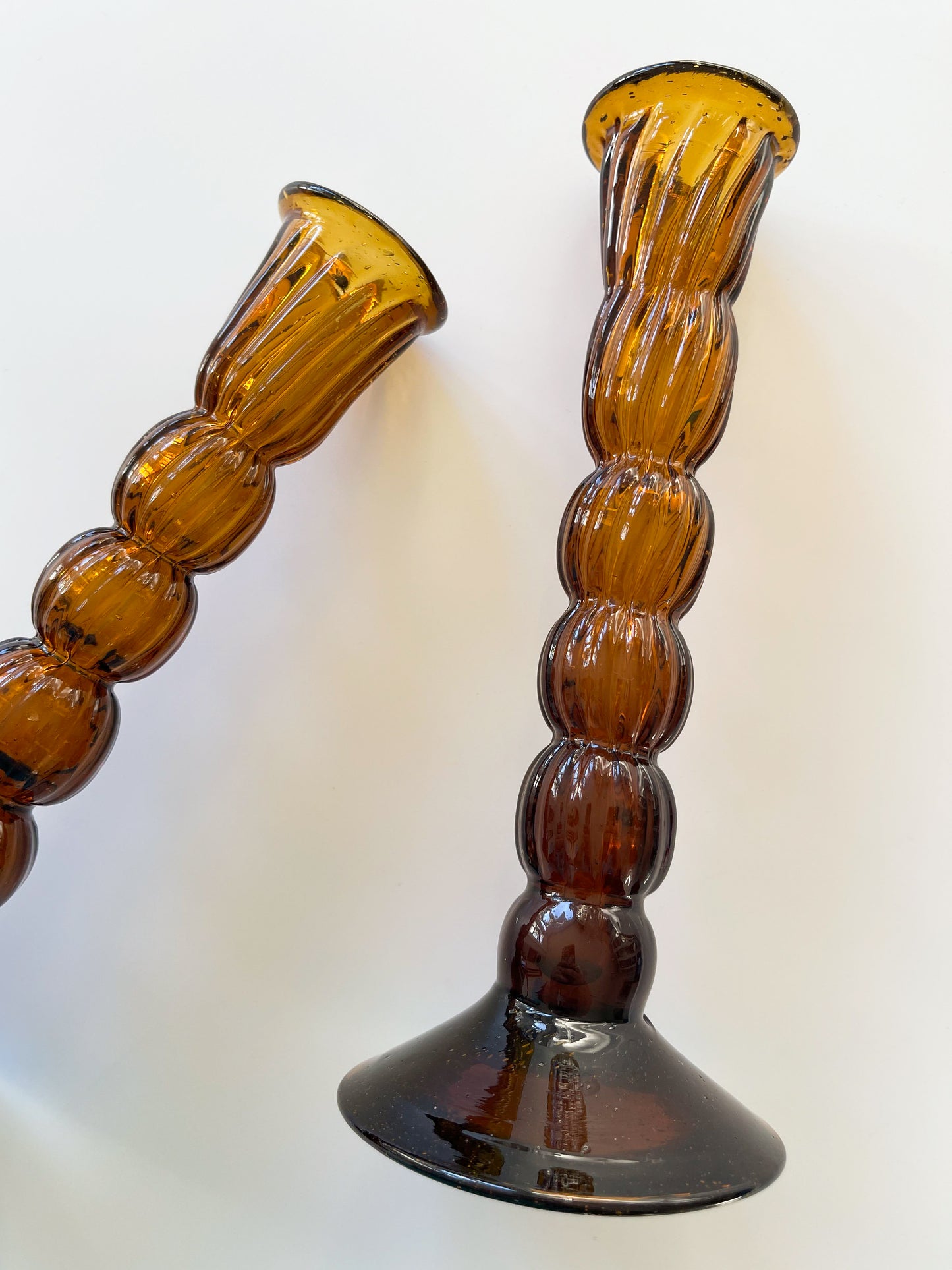 Vintage Hand-Blown Amber Glass Bobbin Candlesticks