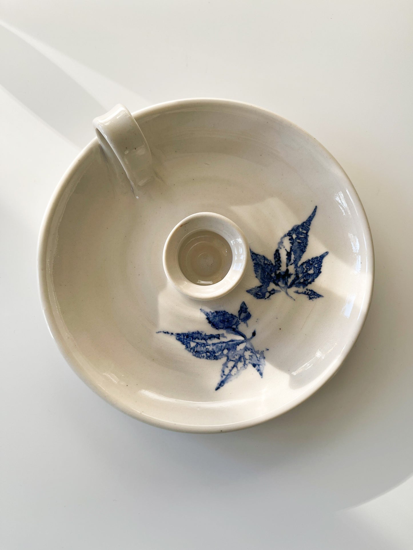 Vintage Studio Pottery Blue Leaf Chamberstick