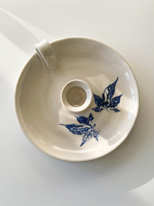 Vintage Studio Pottery Blue Leaf Chamberstick