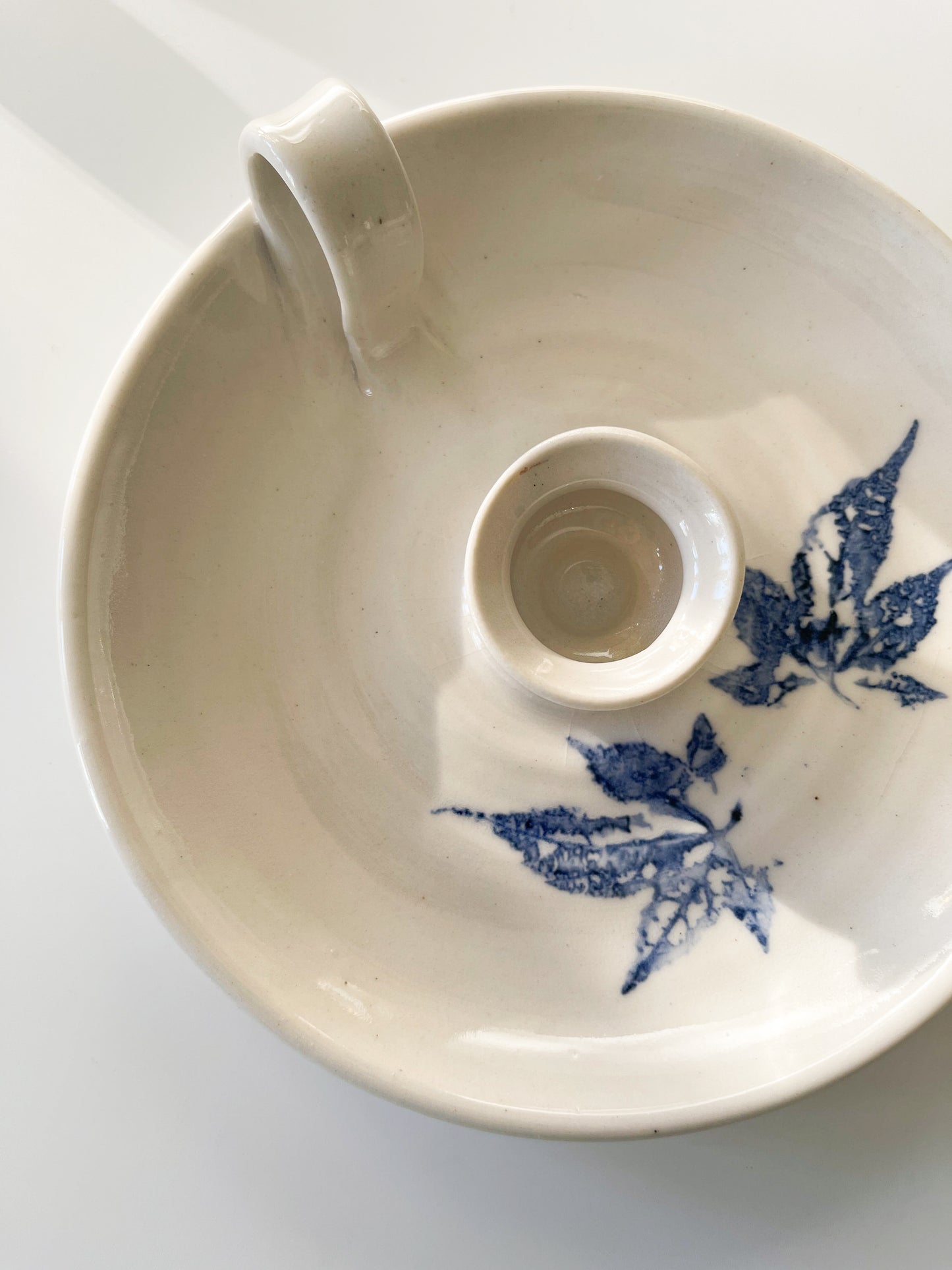 Vintage Studio Pottery Blue Leaf Chamberstick