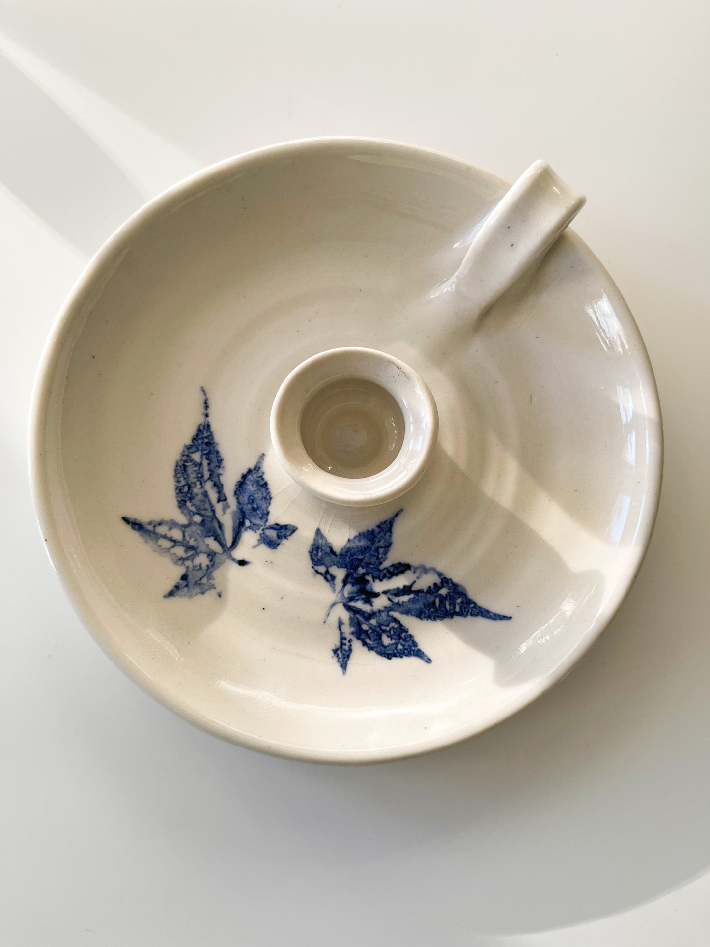 Vintage Studio Pottery Blue Leaf Chamberstick