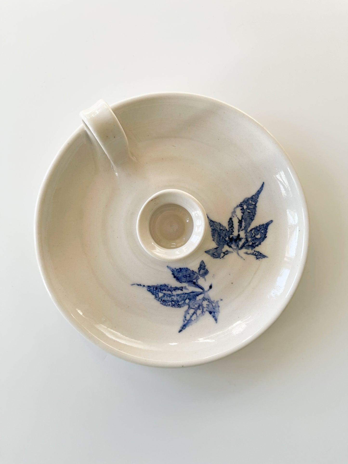 Vintage Studio Pottery Blue Leaf Chamberstick