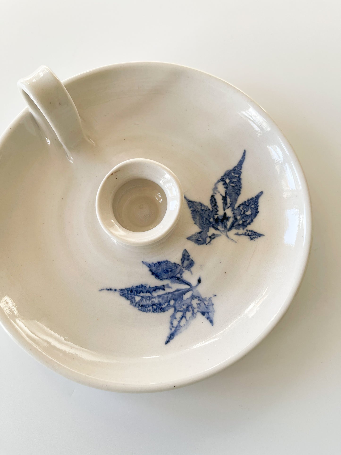Vintage Studio Pottery Blue Leaf Chamberstick