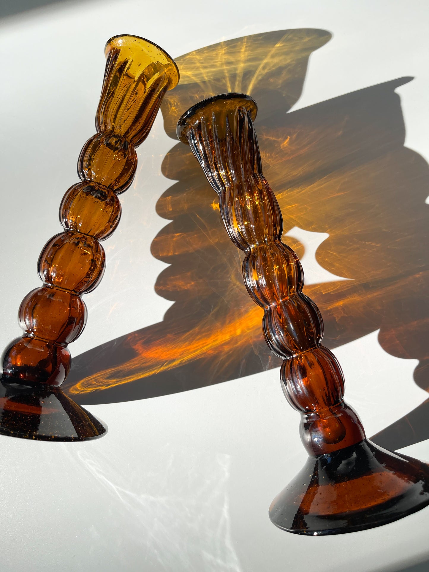 Vintage Hand-Blown Amber Glass Bobbin Candlesticks