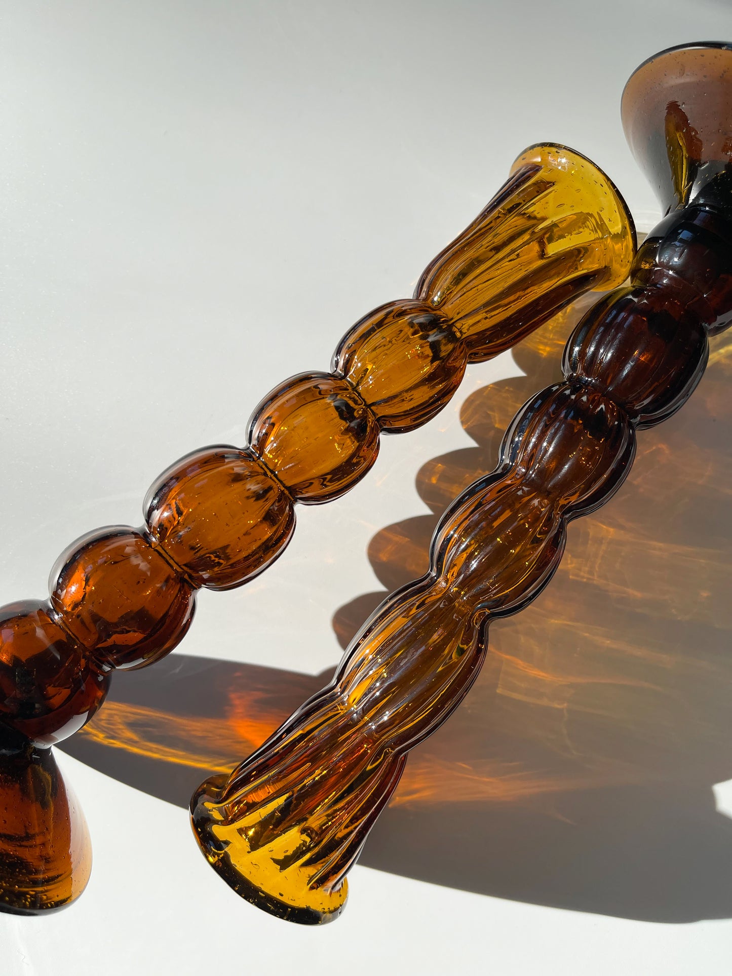Vintage Hand-Blown Amber Glass Bobbin Candlesticks