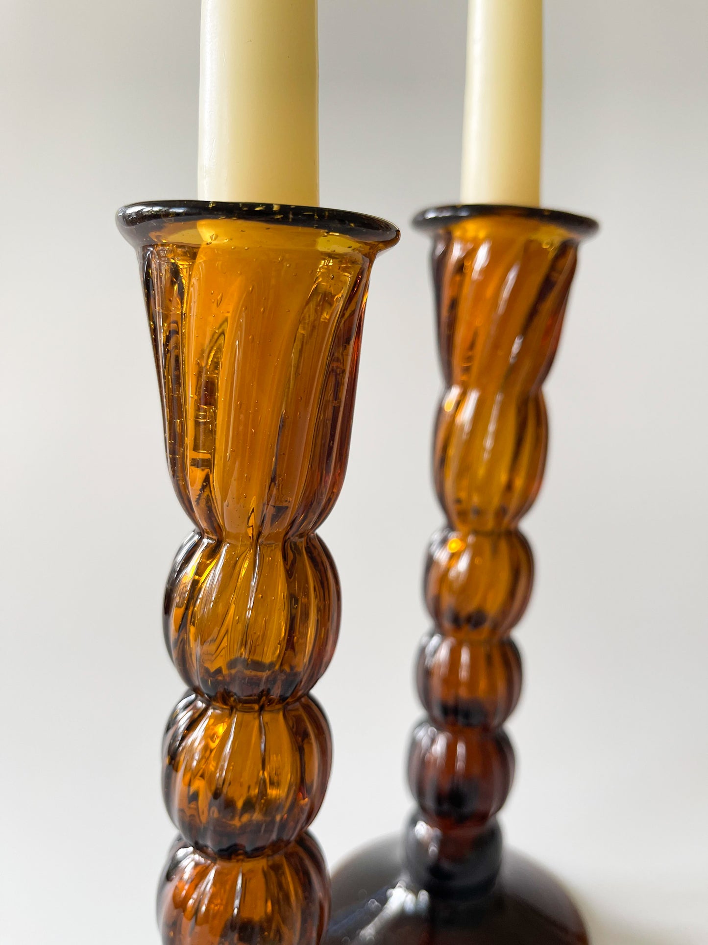 Vintage Hand-Blown Amber Glass Bobbin Candlesticks