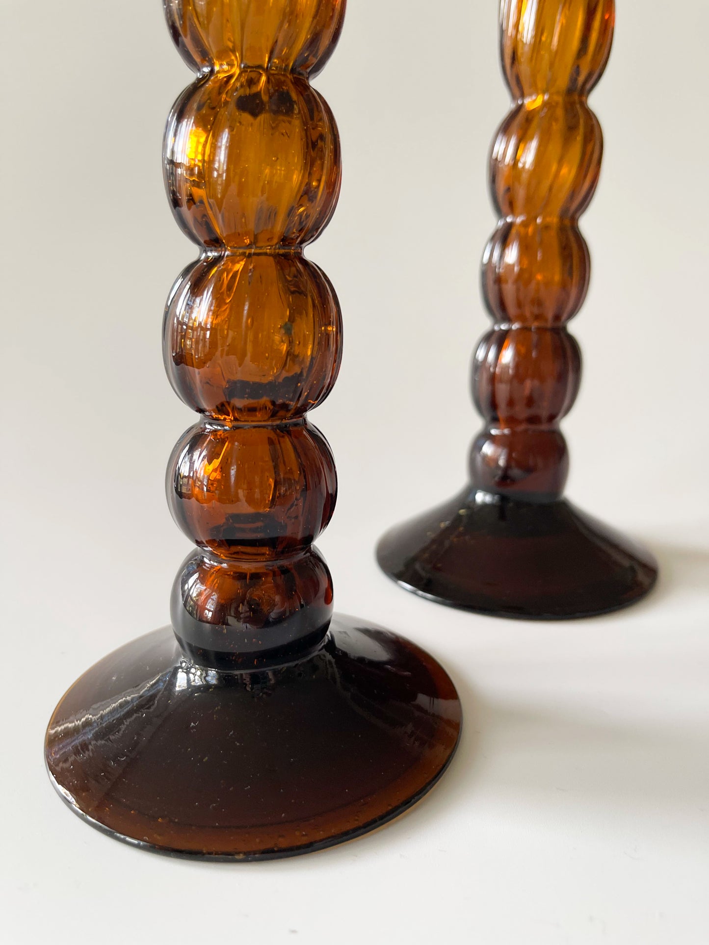 Vintage Hand-Blown Amber Glass Bobbin Candlesticks