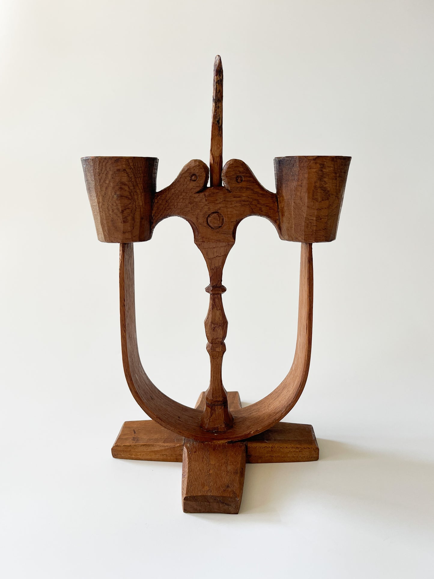 Vintage Swedish Carved Oak Folk Art Candle Holder