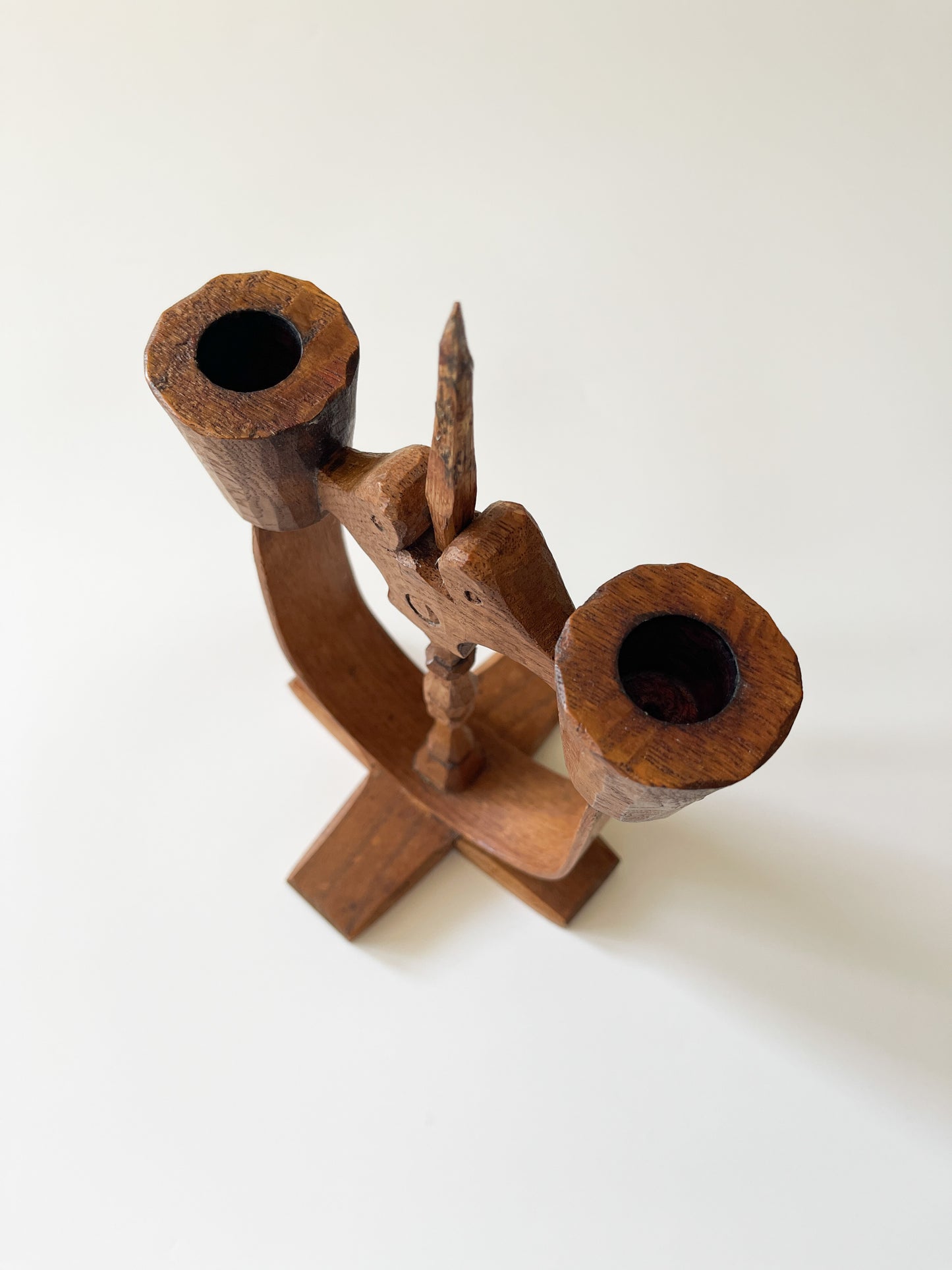 Vintage Swedish Carved Oak Folk Art Candle Holder