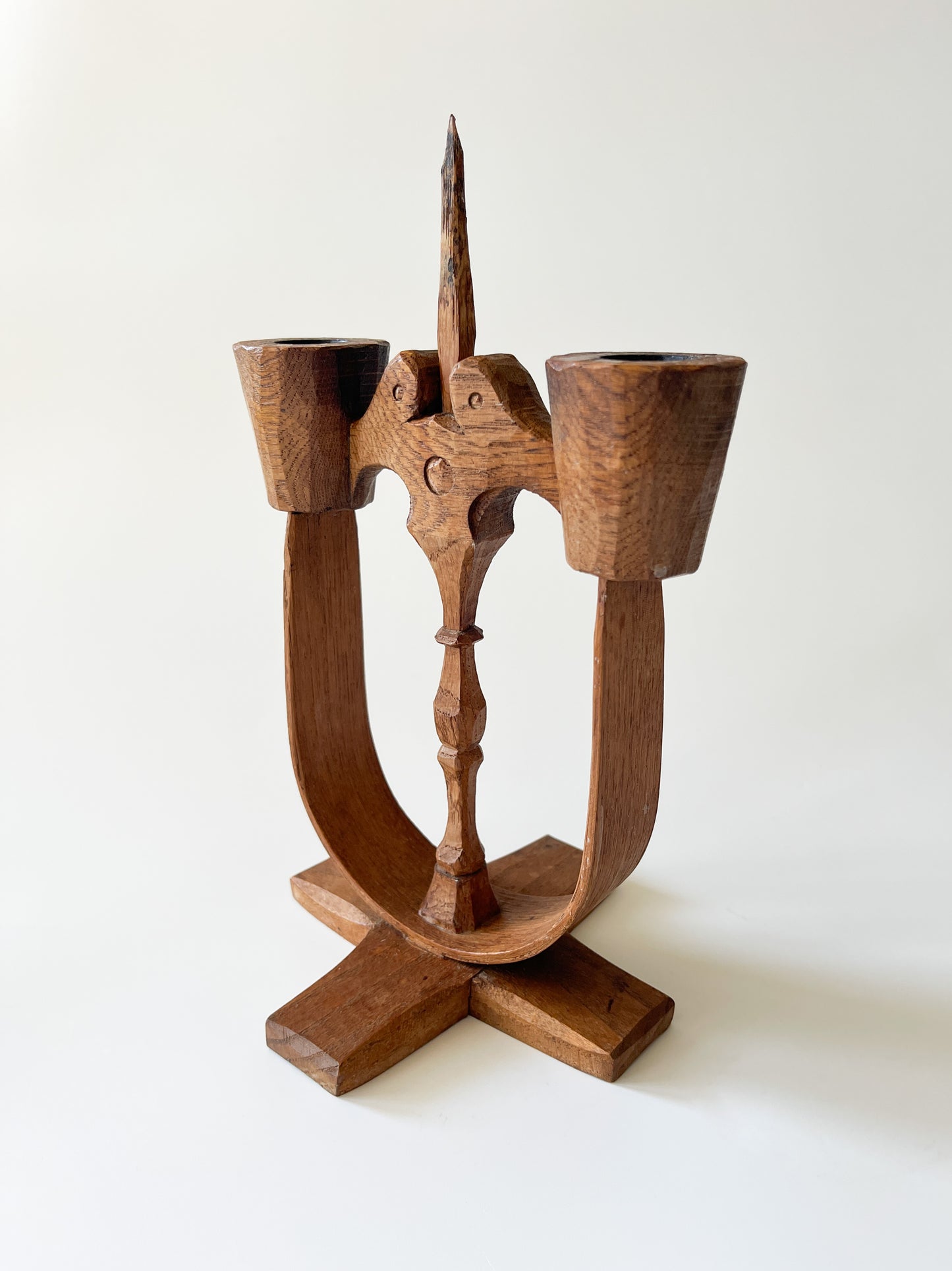 Vintage Swedish Carved Oak Folk Art Candle Holder