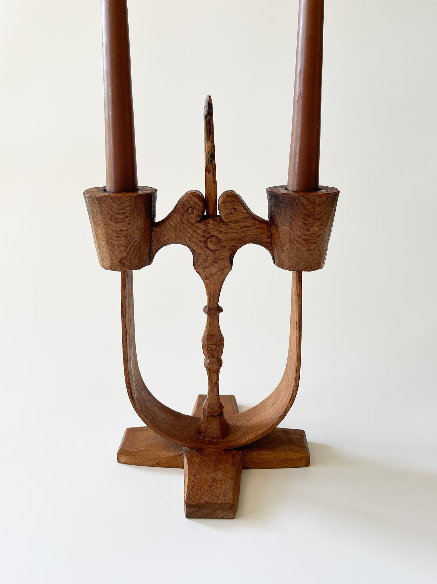 Vintage Swedish Carved Oak Folk Art Candle Holder