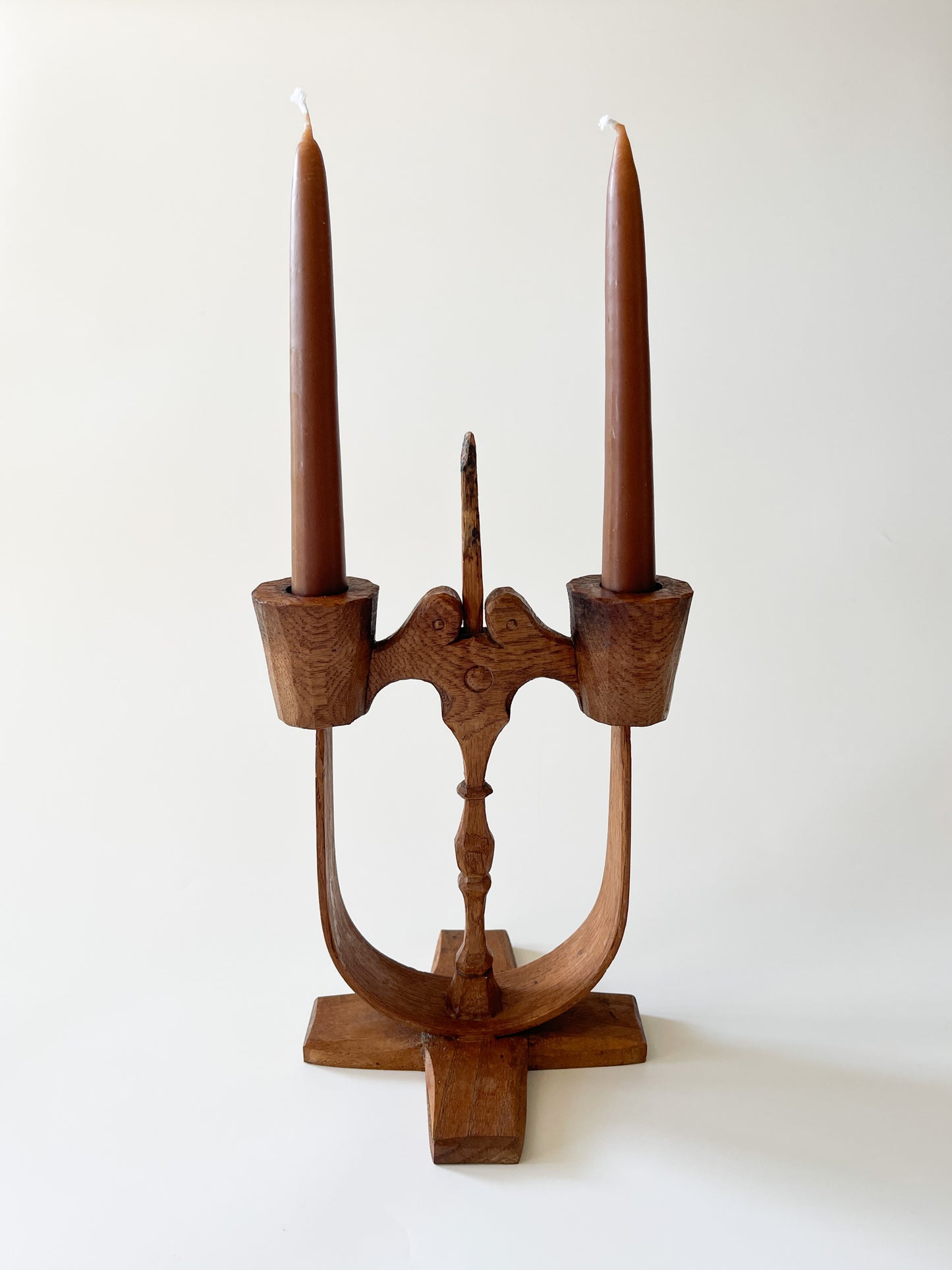 Vintage Swedish Carved Oak Folk Art Candle Holder
